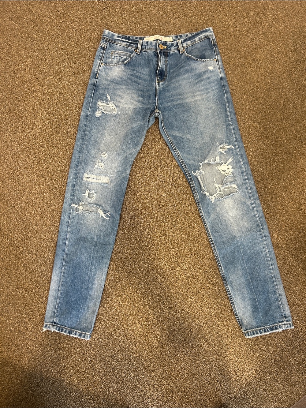 Zara Slim Straight Distressed Denim Jeans - Light Blue